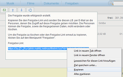 FRITZ!NAS Freigabe-Link erzeugen