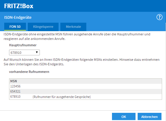 Einstellungen der ISDN-Telefonanlage in FRITZ!Box-Benutzeroberfläche