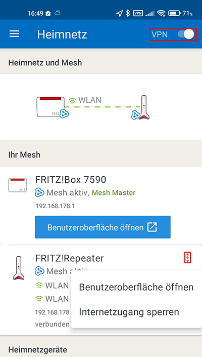 Accessing FRITZ! products with their own user interface in MyFRITZ!App