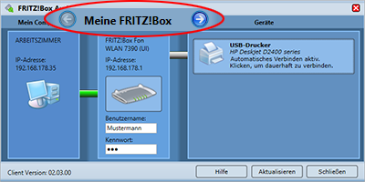 Selecting AVM device in FRITZ!Box USB remote connection