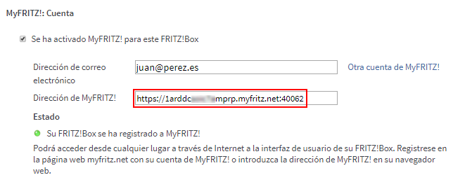 Nombre de dominio de MyFRITZ! para el acceso vía HTTPS