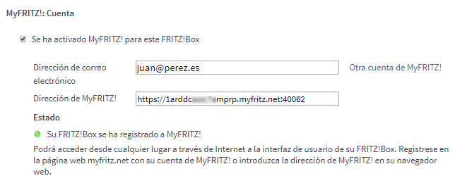 Cuenta de MyFRITZ! en la interfaz de usuario de FRITZ!Box
