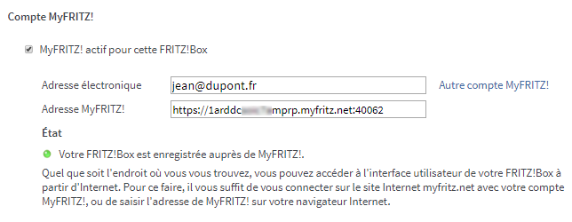 Compte MyFRITZ! dans l'interface utilisateur de la FRITZ!Box